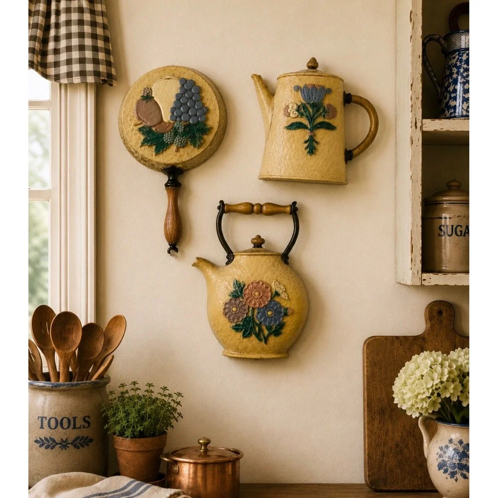 Vintage 1995 Home Interiors &‎ Gifts Kitchen Wall Plaques Set 3 Yellow Teapots